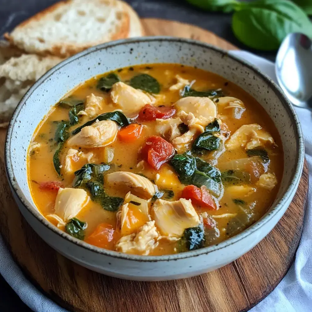 A creamy chicken soup in a bowl, topped with spinach and served with bread slices on the side.