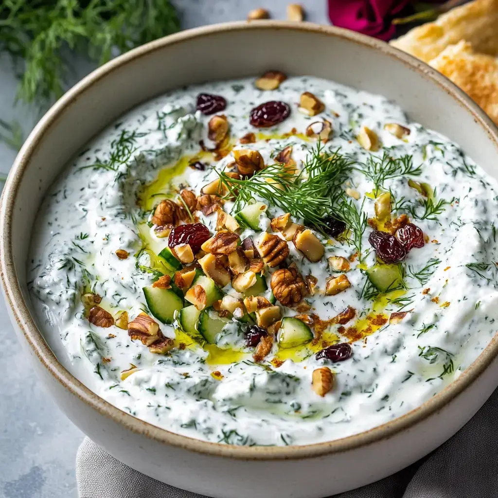 A creamy cucumber and yogurt dish topped with chopped nuts, raisins, olive oil, and fresh dill, sitting in a white bowl.