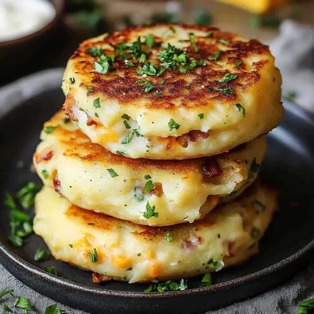 Three crispy potato cakes stacked on a plate and sprinkled with parsley.