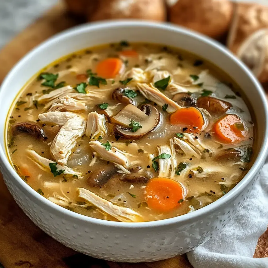 A cozy bowl featuring mushrooms, shredded chicken, herbs, and carrots in cream.