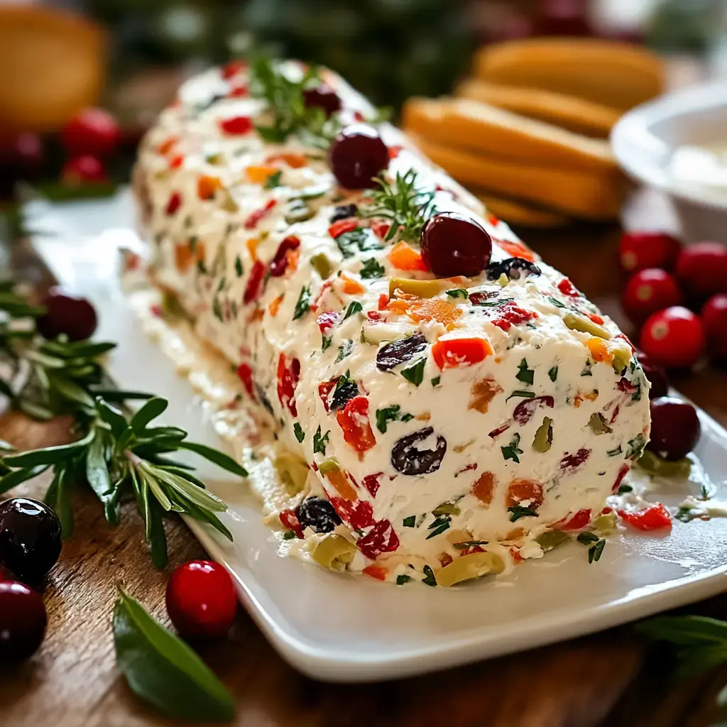 A colorful cheese log rolled in herbs and veggies, garnished with cranberries, on a serving platter.