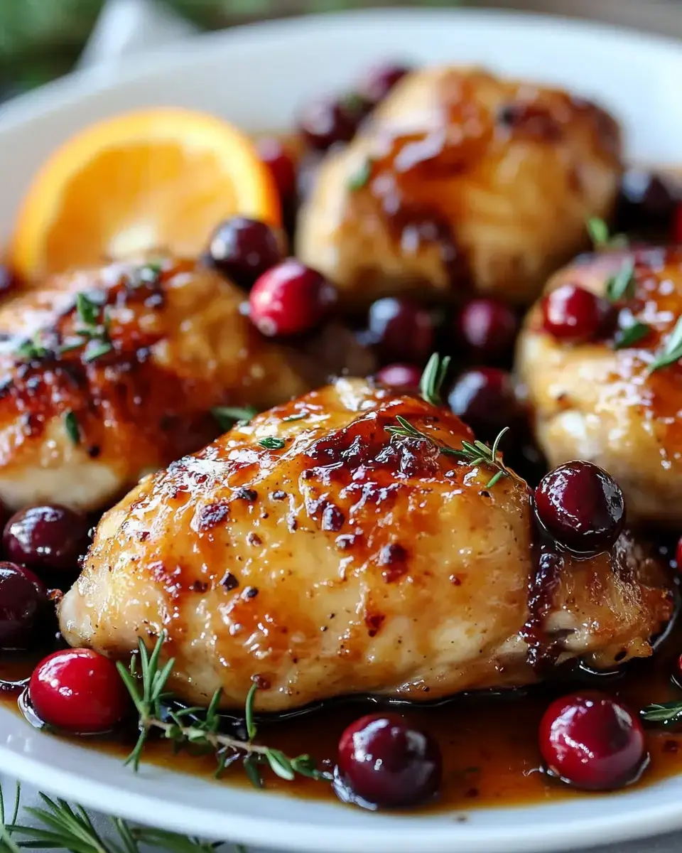 Close-up of juicy chicken with cranberries and a slice of orange, topped with fresh thyme.