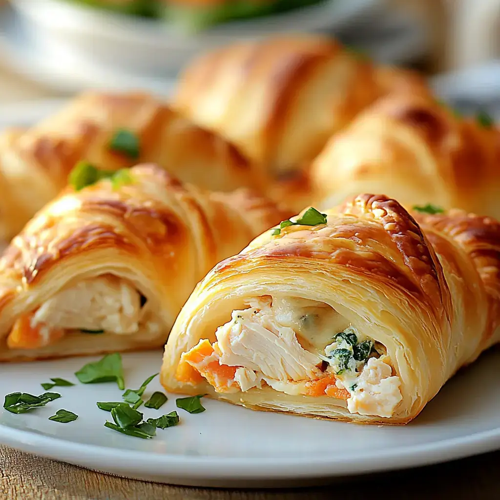 Golden-brown crescent rolls packed with chicken and gooey filling, topped with fresh herbs on a white plate.