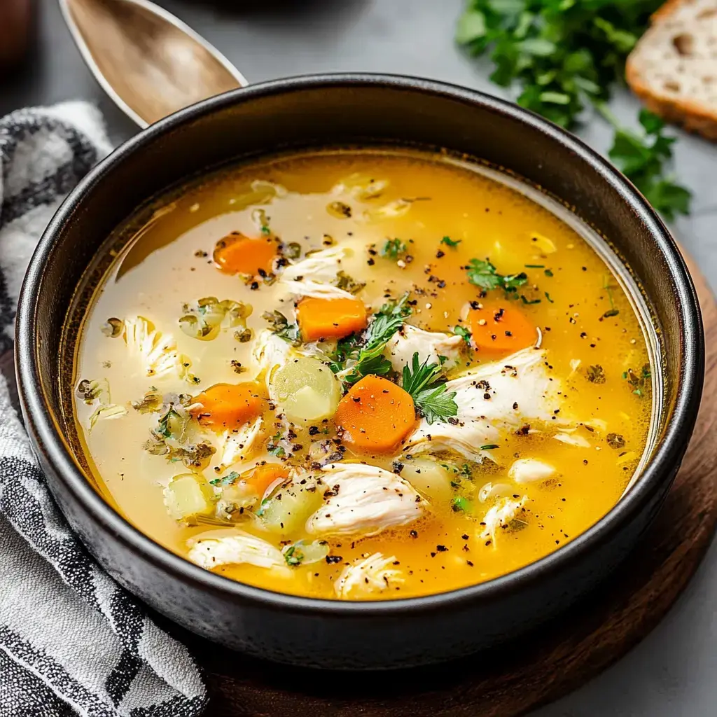 A cozy bowl of chicken, carrots, celery, and herbs sitting next to a slice of crusty bread.