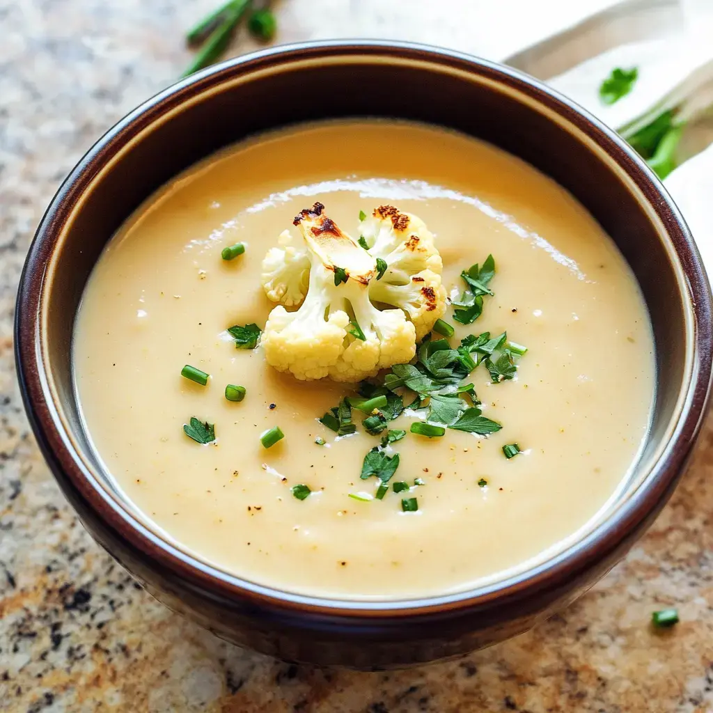 A cozy bowl of creamy cauliflower goodness with roasted florets and a sprinkle of fresh herbs on top.