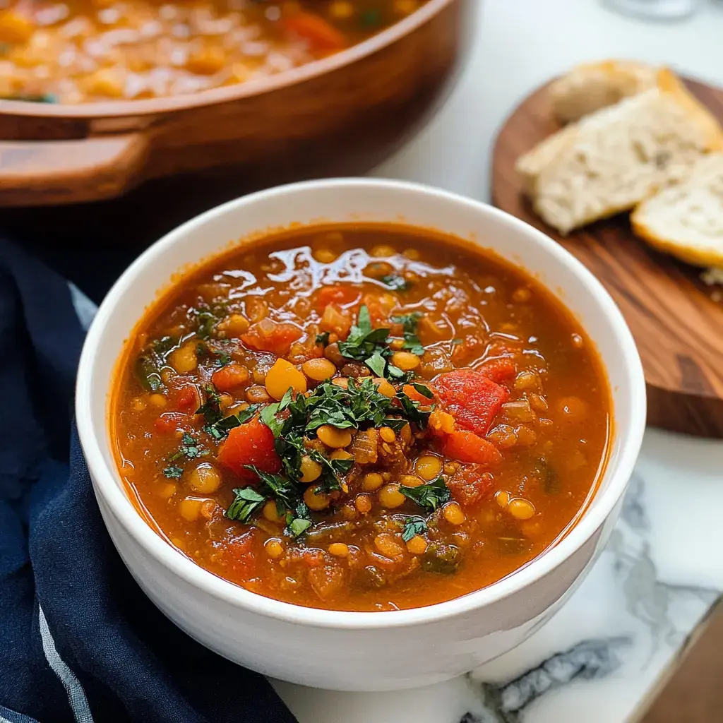 A cozy bowl of lentil stew topped with fresh herbs, served with bread on a rustic cutting board.