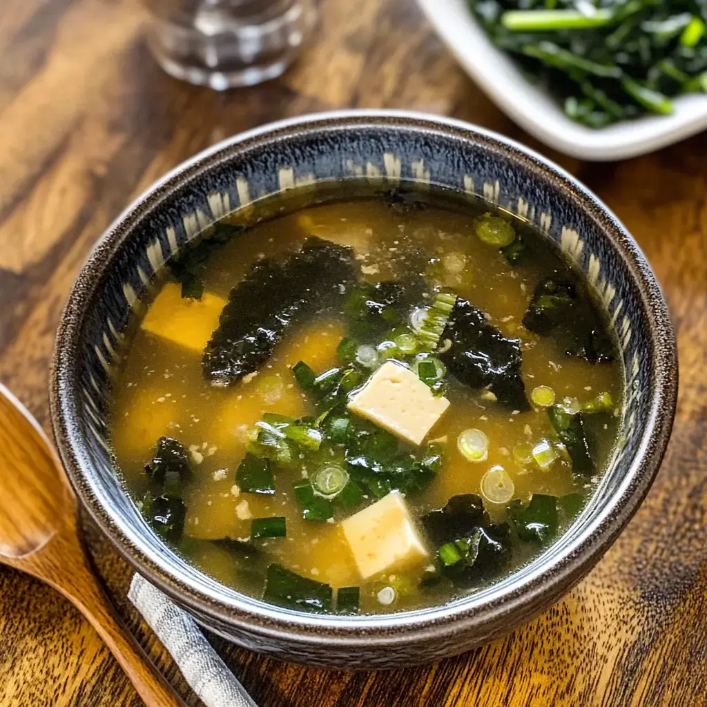 A wooden table with a bowl of tofu, wakame, and green onion-filled miso soup.