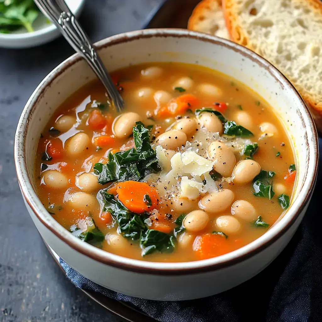 A warm bowl of white bean goodness with colorful veggies and a side of crusty bread.