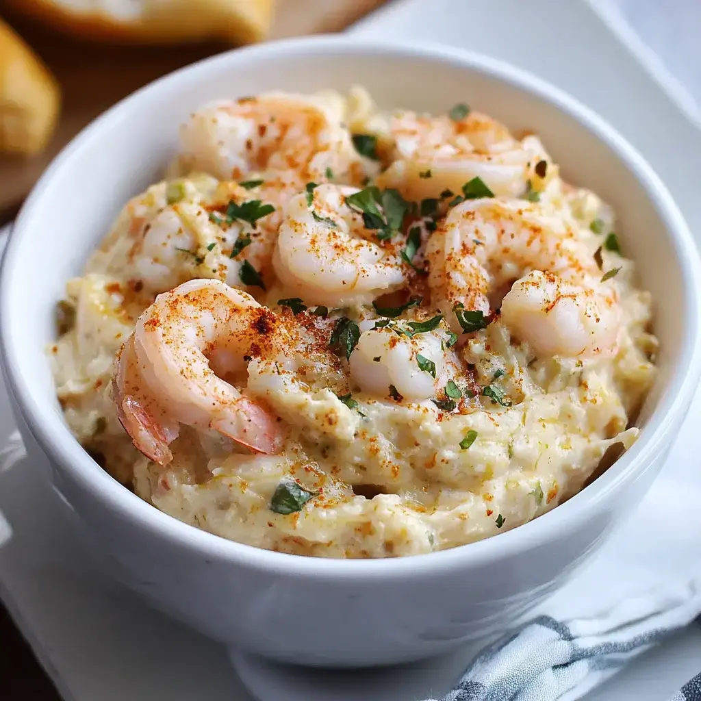 A creamy shrimp spread in a bowl, topped with parsley and paprika, and a few shrimp as garnish.
