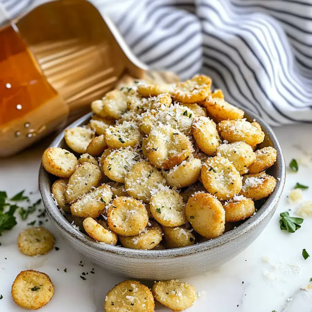 Crispy golden bite-sized snacks sprinkled with cheese, placed in a bowl next to a kitchen tool.