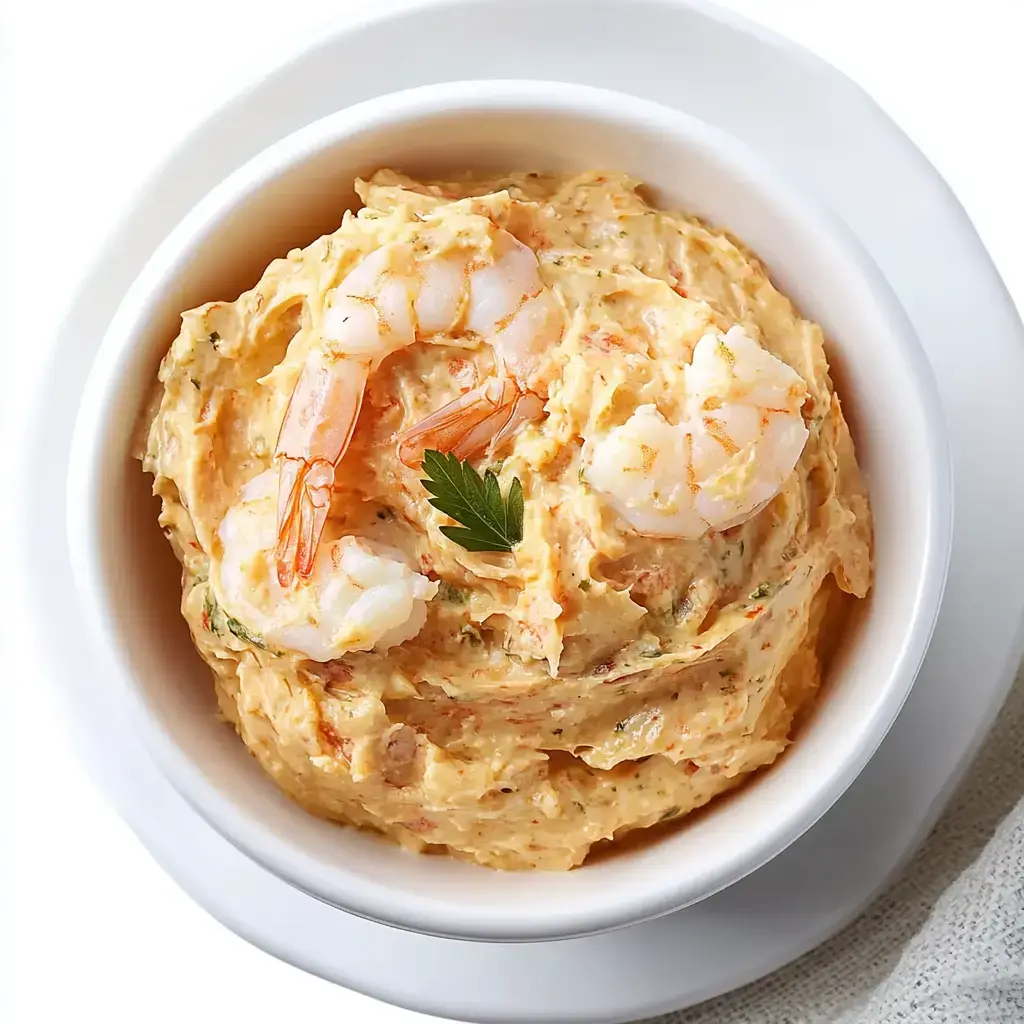 A dish of smooth shrimp spread topped with a whole shrimp and parsley sprig.