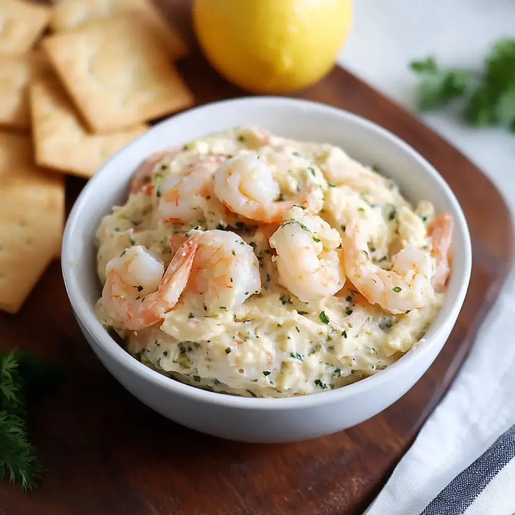 A creamy shrimp spread in a bowl garnished with whole shrimp, with crackers and lemon nearby.