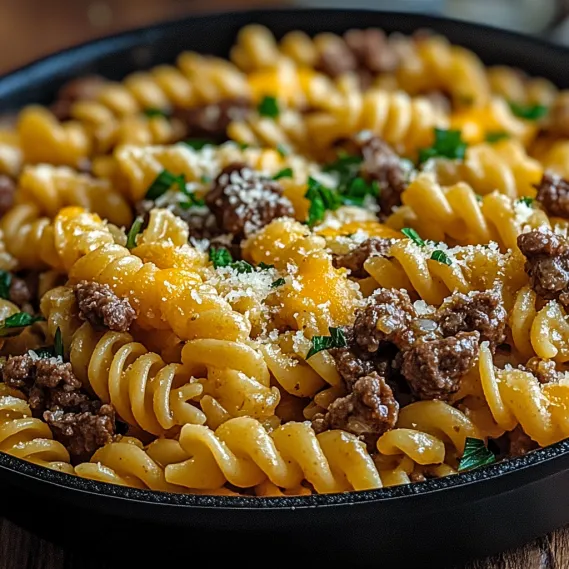 Pasta served with melted cheese and ground beef.